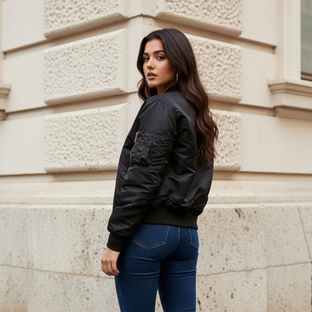 Women's Black Bomber Jacket with Orange Lining - Picture 14 of 14